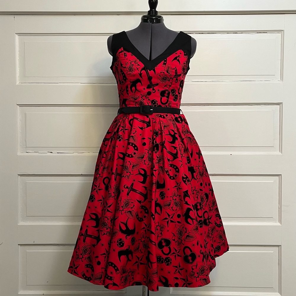 Hell Bunny Vixen ⚓️ Sailor Tattoo Flocked Swing Dress - Small - Picture 2 of 12